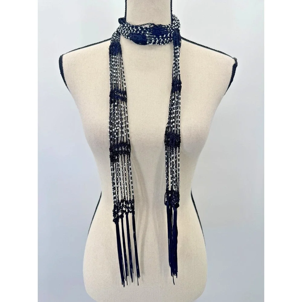 VTG Y2K Black Crochet Silver Beaded Skinny Scarf Neck Tie Fringe Indie Sleaze